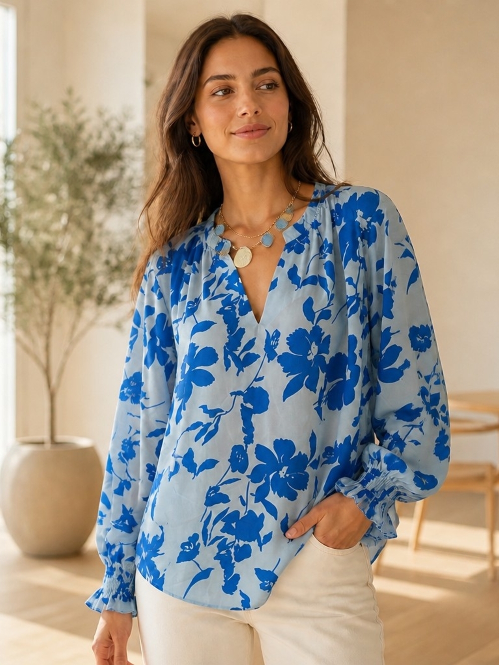 Blue Floral V-Neck Long-Sleeve Blouse
